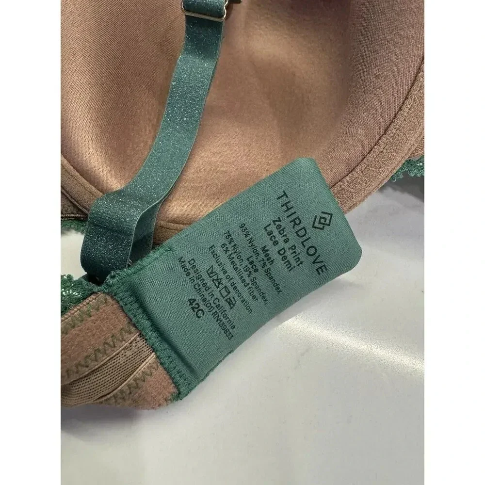 THRIDLOVE zebra print lace Demi green tan bra 42C Glitter